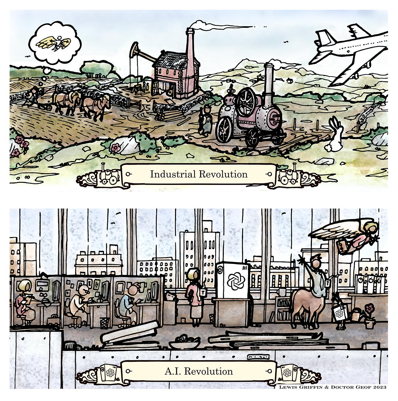 cartoon comparing the industrial revolution's effect on agriculture and manufacturing with AI's effects on white collar and knowledge work